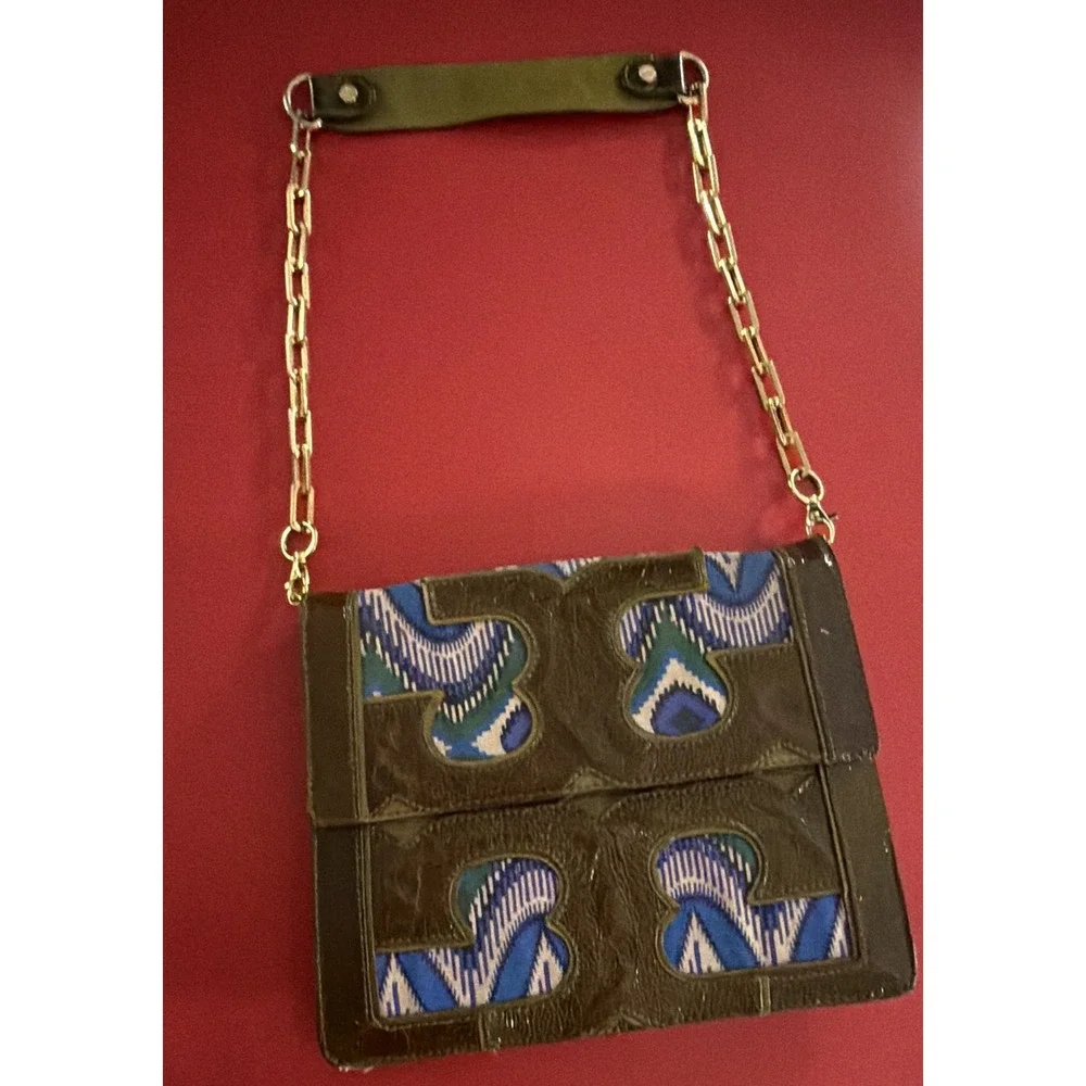 Tory Burch Indie Vintage Retro Artsy Olive Blue Shoulder Bag Gold Chain